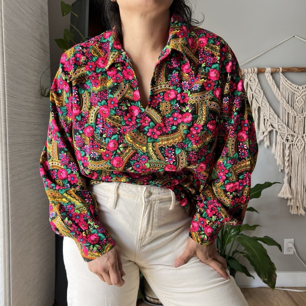 Vintage Sarah Kay Psychedelic Floral Blouse 70s Floral Collared Long Sleeve L